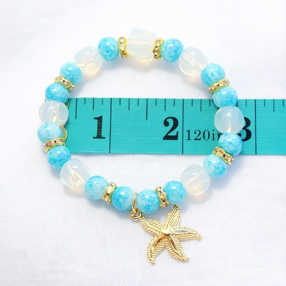Set of 3 Turquoise Glass Bead Bracelets Gold Starfish Charm Stretch Stack